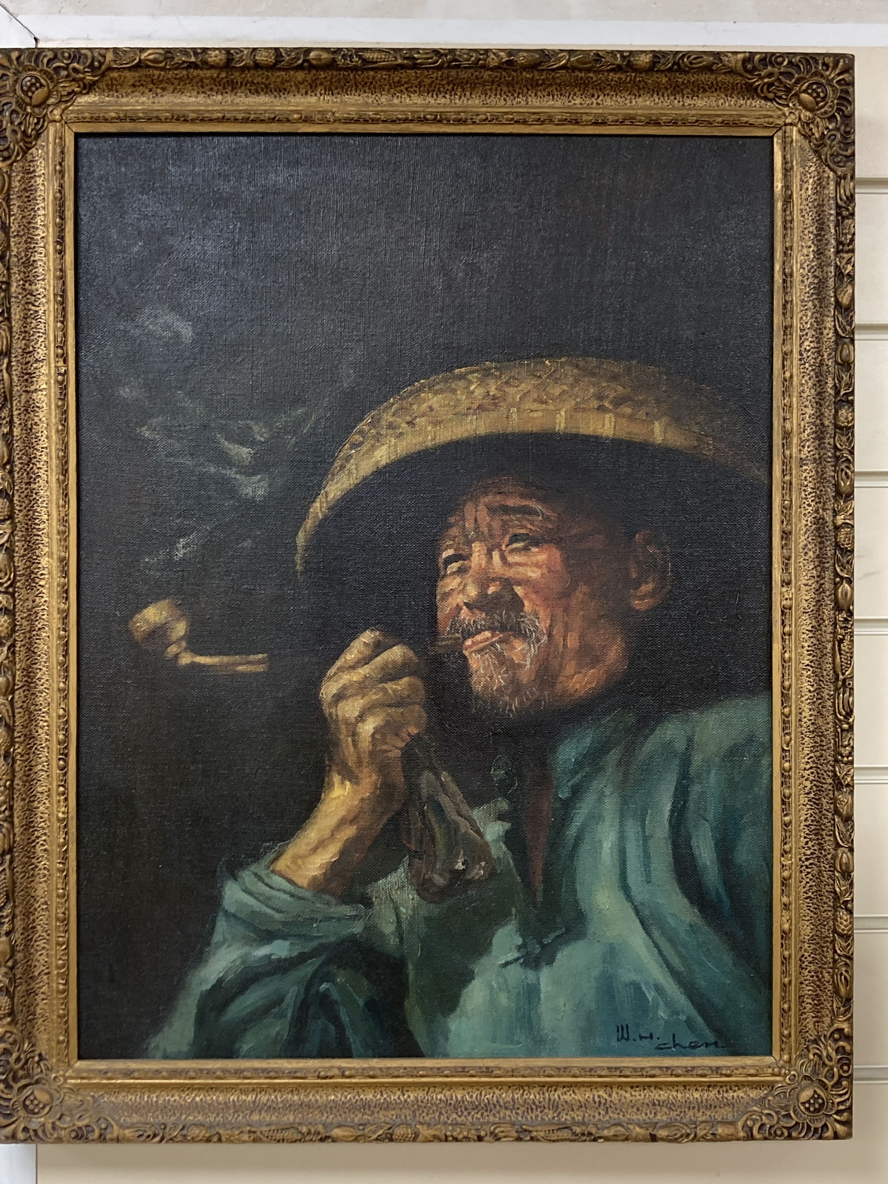 W.H. Chen, oil on canvas, Portrait of a Chinese man smoking a pipe, signed, 60 x 45cm